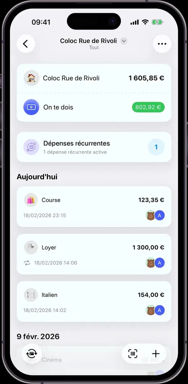 Écran Splitz montrant les dépenses d'un groupe mises à jour en temps réel