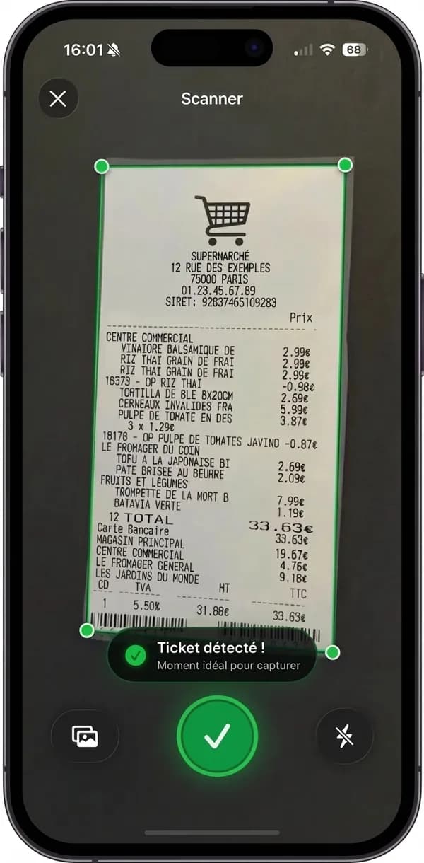 Écran Splitz de scan d'un ticket de caisse avec détection automatique des articles