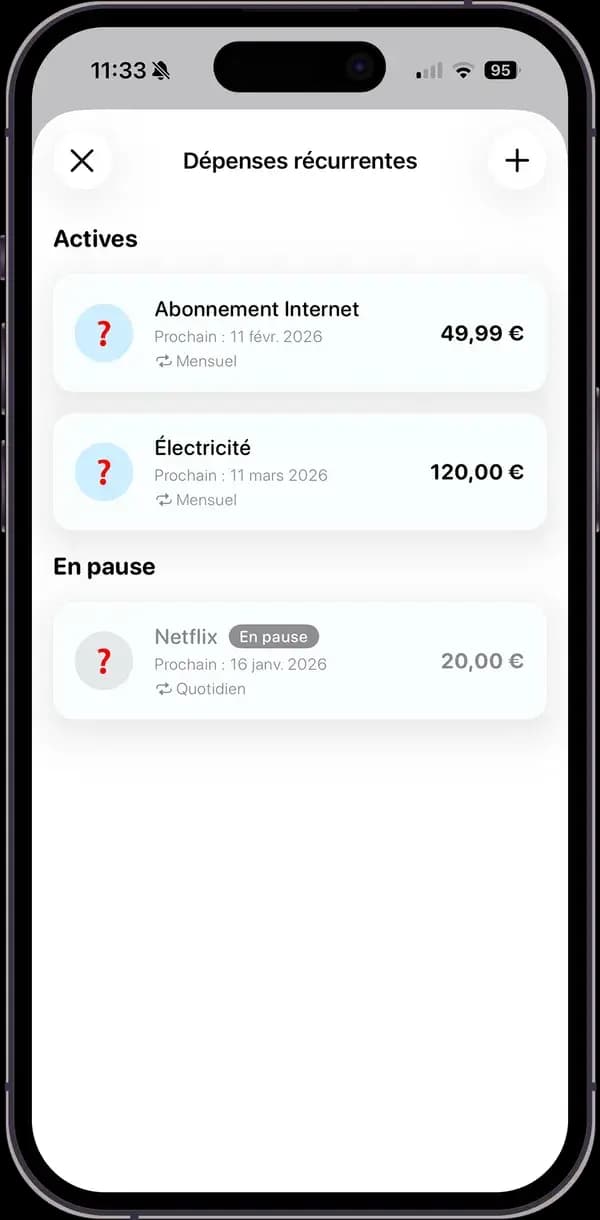 Écran Splitz de création d'une dépense récurrente mensuelle