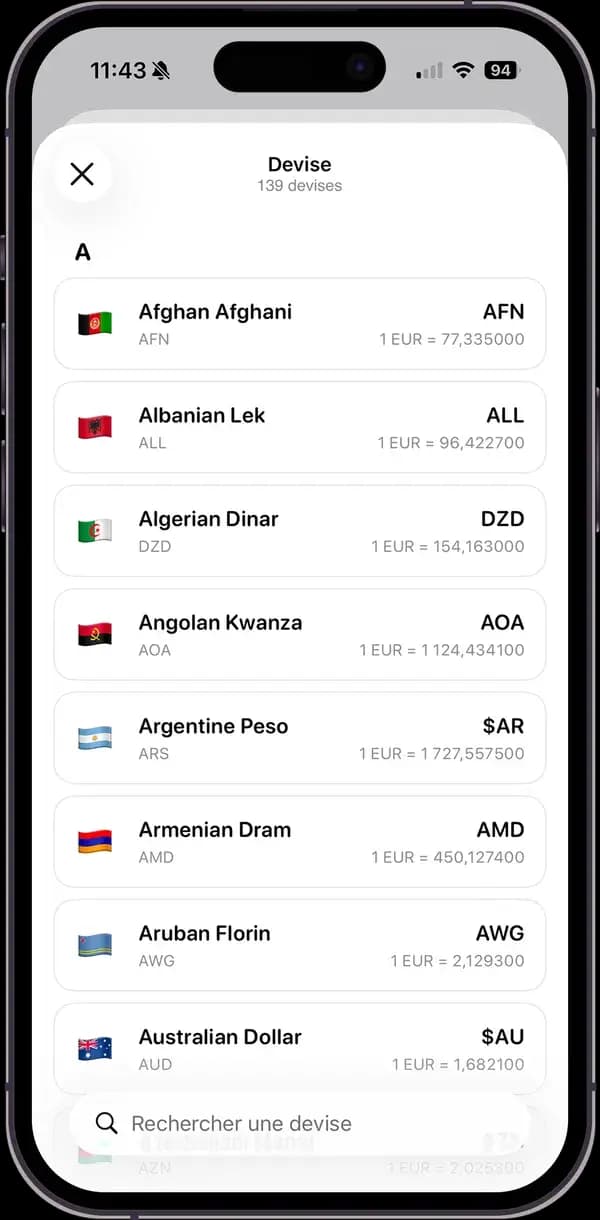 Écran Splitz de sélection de devise parmi 139 devises