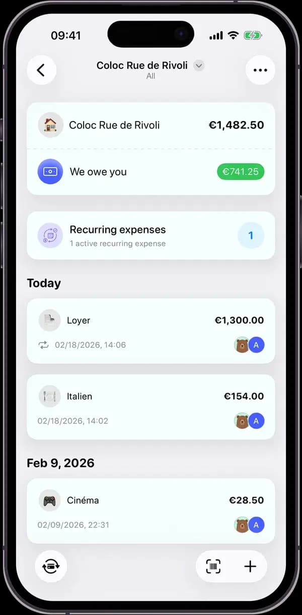 Splitz screen showing a group's expenses updating in real time