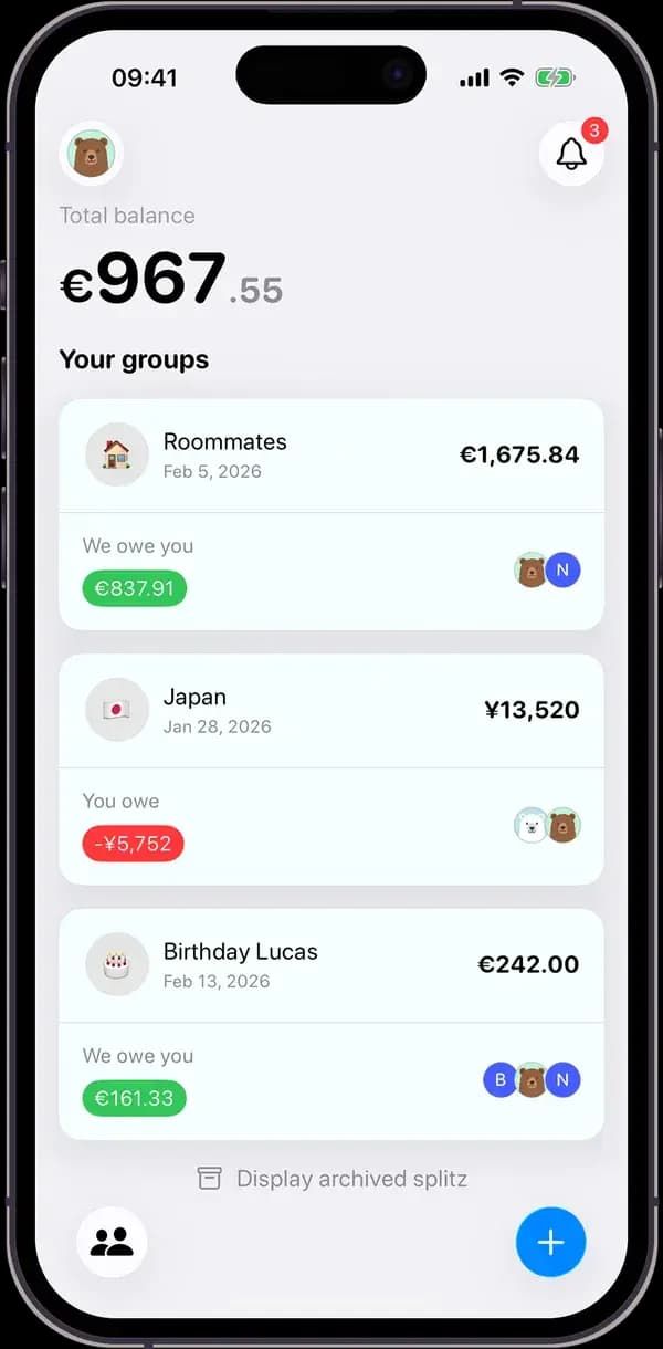 Splitz app home screen showing expense groups and balances