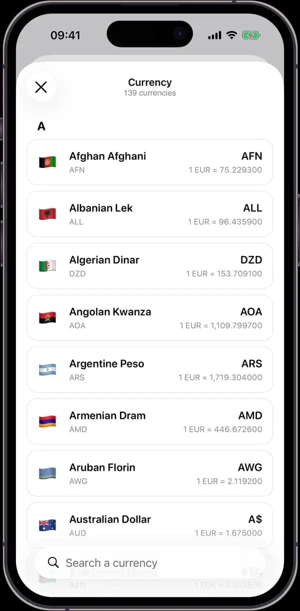 Splitz currency picker with 139 supported currencies